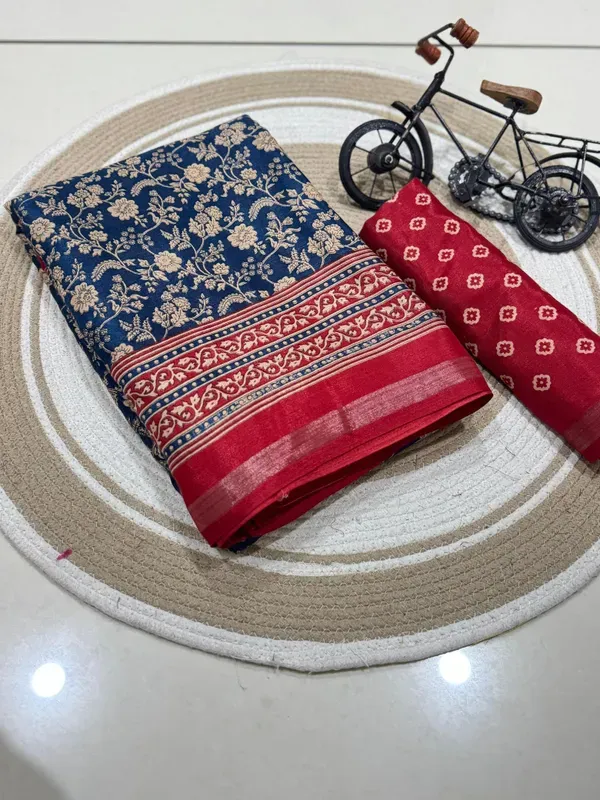 Navy_Blue_Malmal_Cotton_Saree_With_Unstitched_Blouse_For_Women