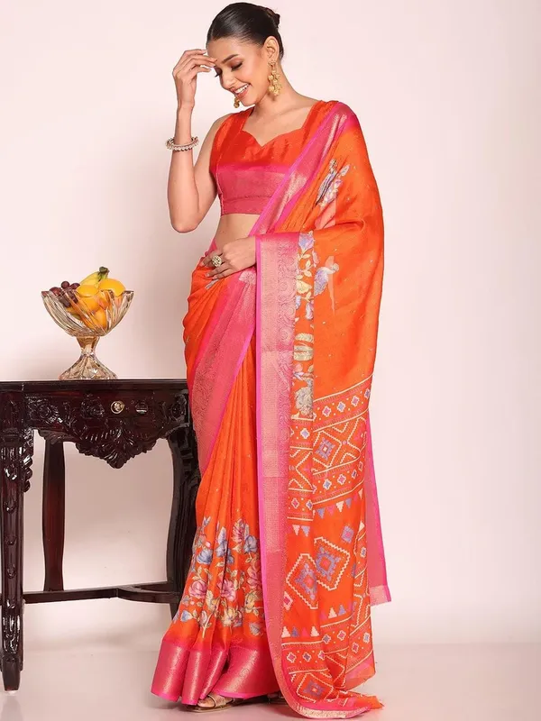 Orange_Georgette_Foil_Saree_With_Unstitched_Blouse_For_Women