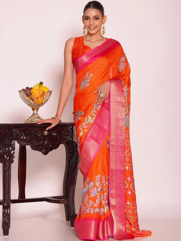 Orange_Georgette_Foil_Saree_With_Unstitched_Blouse_For_Women