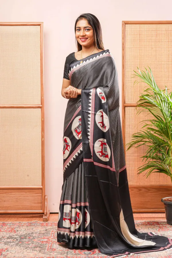 Black_Japan_Satin_Saree_With_Unstitched_Blouse_For_Women