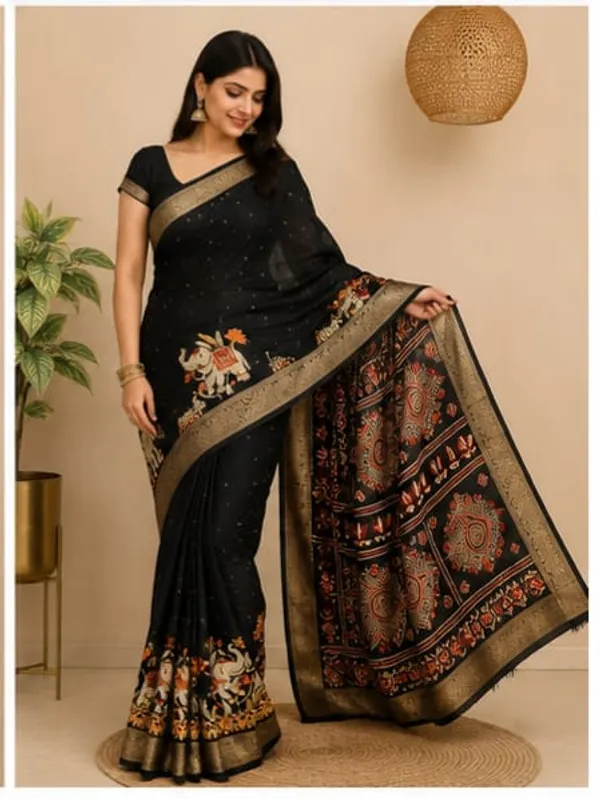 Black_Georgette_Foil_Saree_With_Unstitched_Blouse_For_Women