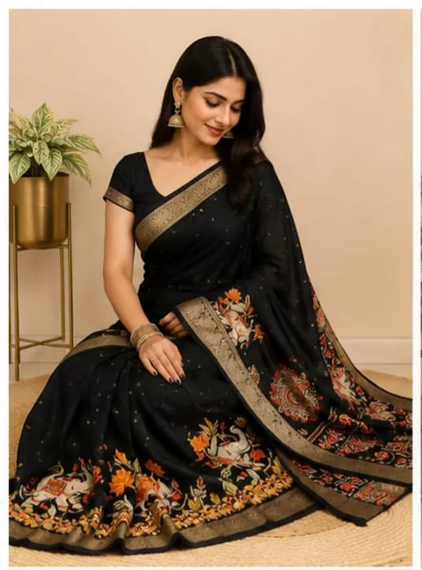 Black_Georgette_Foil_Saree_With_Unstitched_Blouse_For_Women