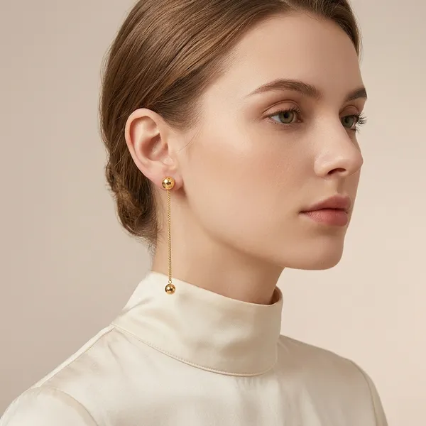 Gold_Bronze_Ball_Stud_Chain_Drop_Earrings_For_Women