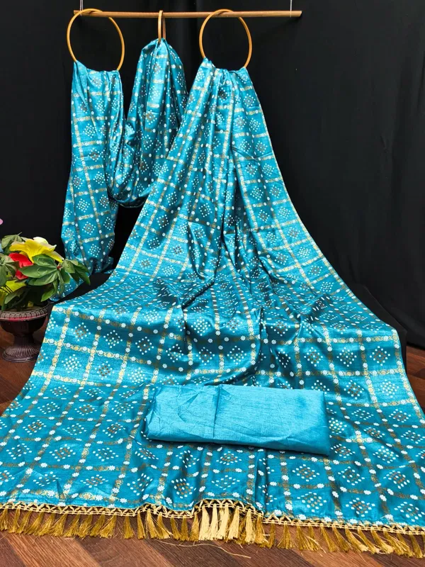 Sky_Blue_Silk_Bandhani_Print_Golden_Tassel_Border_Saree_For_Women