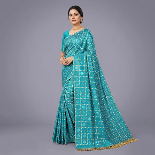 Sky_Blue_Silk_Bandhani_Print_Golden_Tassel_Border_Saree_For_Women