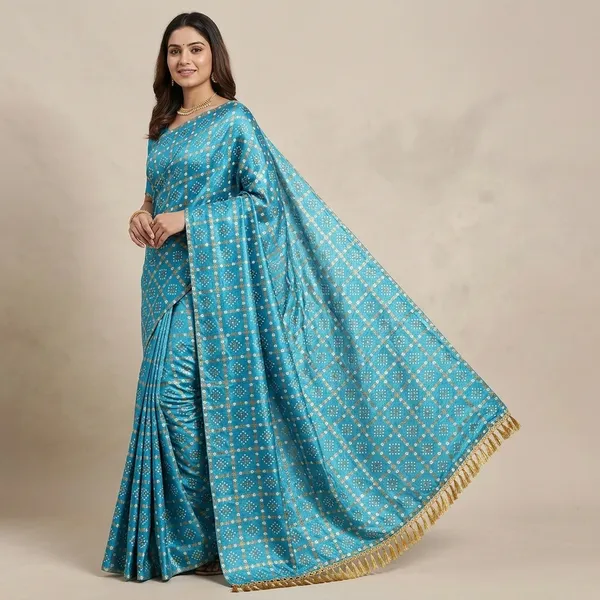 Sky_Blue_Silk_Bandhani_Print_Golden_Tassel_Border_Saree_For_Women
