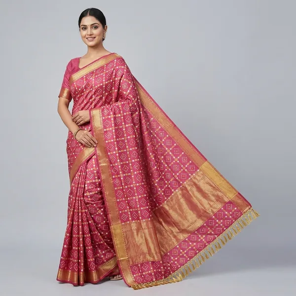 Pink_Silk_Bandhani_Print_Golden_Tassel_Border_Saree_For_Women