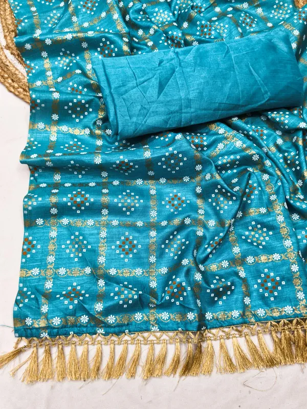 Sky_Blue_Silk_Bandhani_Print_Golden_Tassel_Border_Saree_For_Women