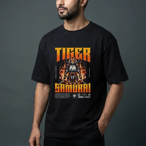 Black_Cotton_Oversized_Tiger_Samurai_Graphic_Print_T-Shirt_For_Unisex