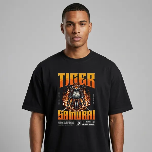 Black_Cotton_Oversized_Tiger_Samurai_Graphic_Print_T-Shirt_For_Unisex