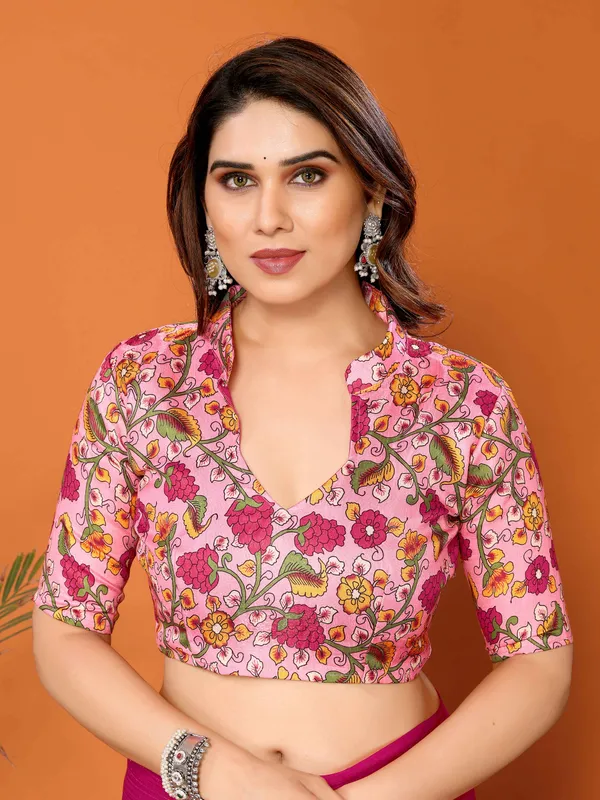Chiffon_Plain_Saree_With_Kalamkari_Digital_Print_Blouse