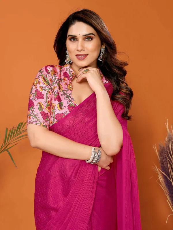 Chiffon_Plain_Saree_With_Kalamkari_Digital_Print_Blouse