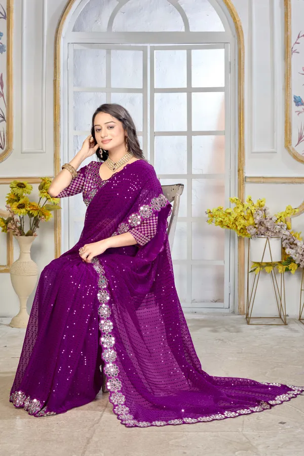 Georgette_Saree_With_Heavy_Mirror_Work_And_Sequence_With_Matching_Blouse_Piece