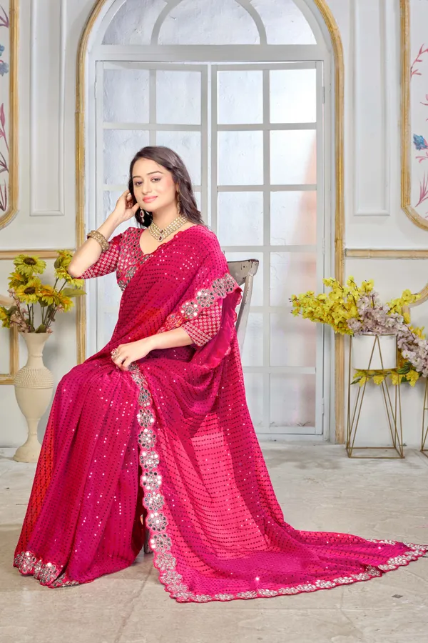 Georgette_Saree_With_Heavy_Mirror_Work_And_Sequence_With_Matching_Blouse_Piece