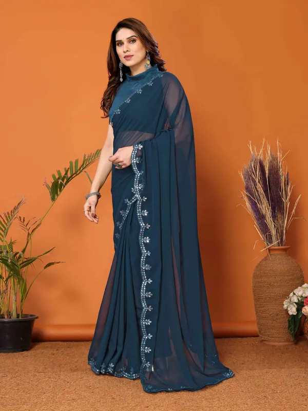 Women's_Georgette_Plain_Mirror_Work_Party_Wear_Sarees_With_Blouse_Piece