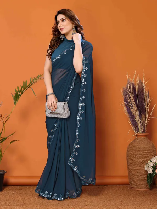 Women's_Georgette_Plain_Mirror_Work_Party_Wear_Sarees_With_Blouse_Piece