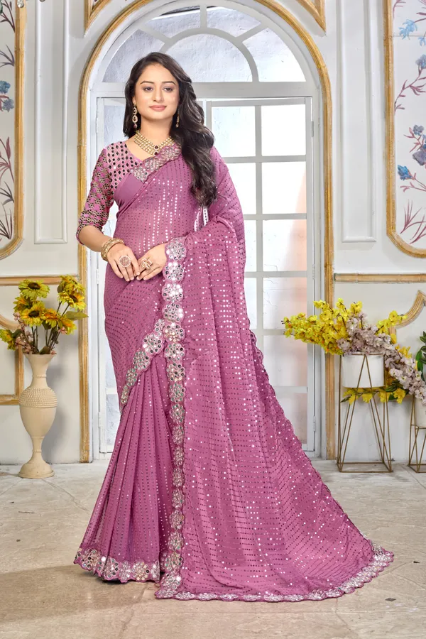 Georgette_Saree_With_Heavy_Mirror_Work_And_Sequence_With_Matching_Blouse_Piece