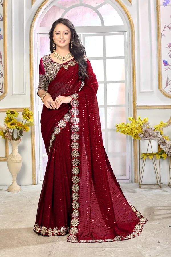 Georgette_Saree_With_Heavy_Mirror_Work_And_Sequence_With_Matching_Blouse_Piece