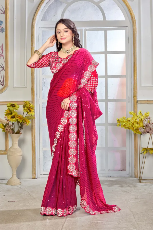 Georgette_Saree_With_Heavy_Mirror_Work_And_Sequence_With_Matching_Blouse_Piece