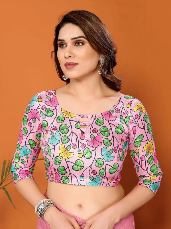 Chiffon_Plain_Saree_With_Kalamkari_Digital_Print_Blouse