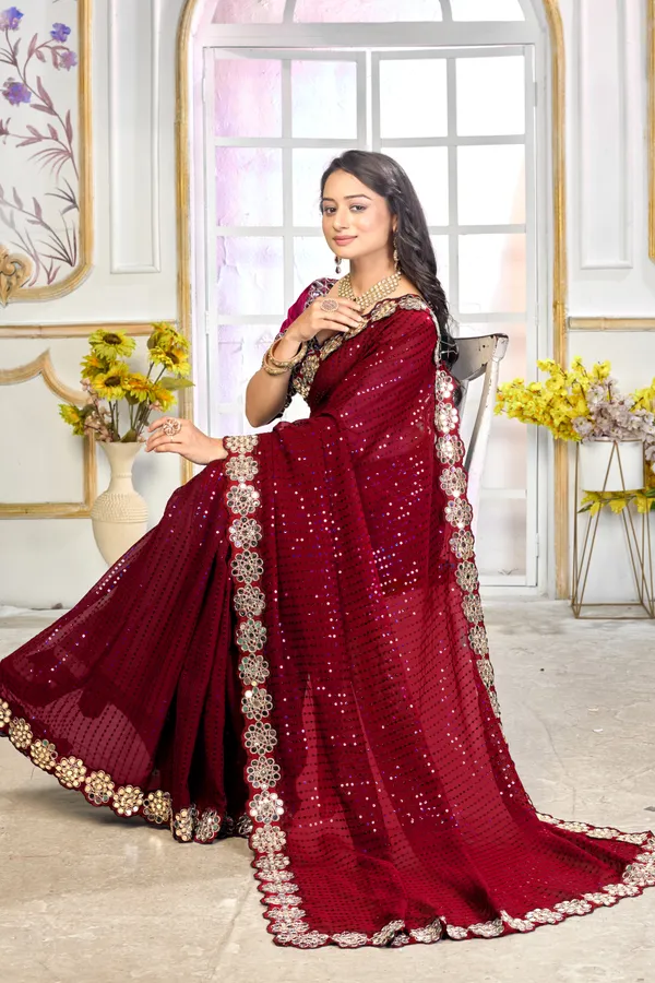 Georgette_Saree_With_Heavy_Mirror_Work_And_Sequence_With_Matching_Blouse_Piece