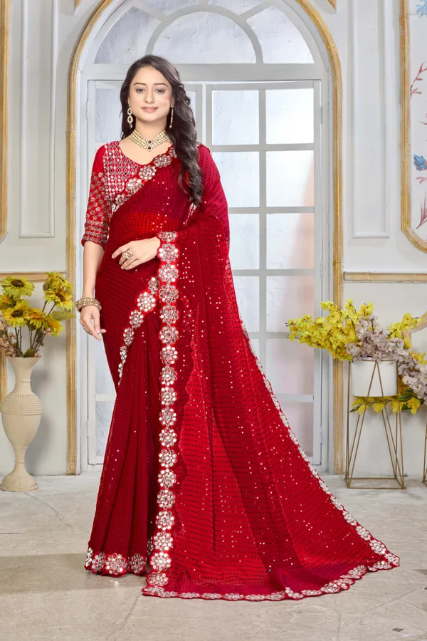 Georgette_Saree_With_Heavy_Mirror_Work_And_Sequence_With_Matching_Blouse_Piece