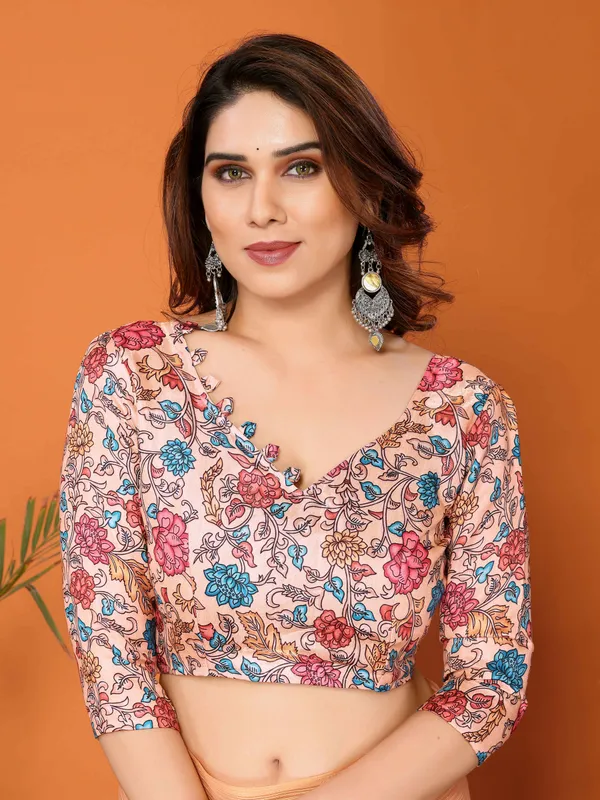 Chiffon_Plain_Saree_With_Kalamkari_Digital_Print_Blouse