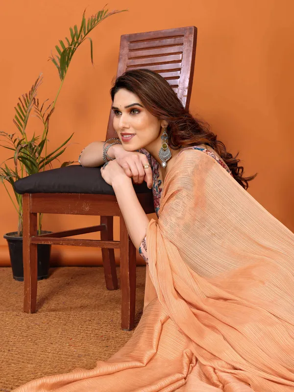Chiffon_Plain_Saree_With_Kalamkari_Digital_Print_Blouse