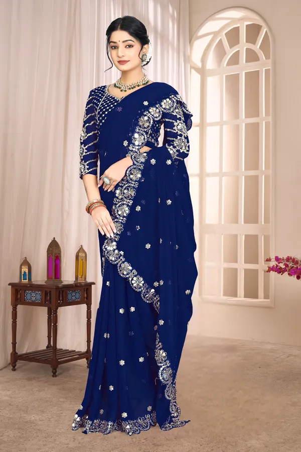 Georgette_Saree_With_Heavy_Mirror_Work_And_Sequence_With_Matching_Blouse_Piece