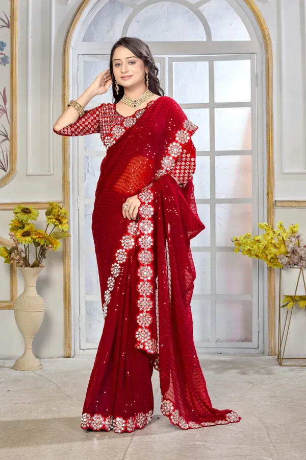 Georgette_Saree_With_Heavy_Mirror_Work_And_Sequence_With_Matching_Blouse_Piece