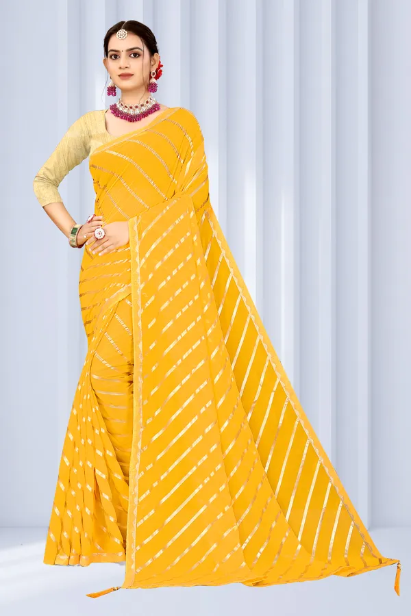 Georgette_Saree_Leheriya_Pattern_Foil_Work_With_Golden_Blouse_Piece