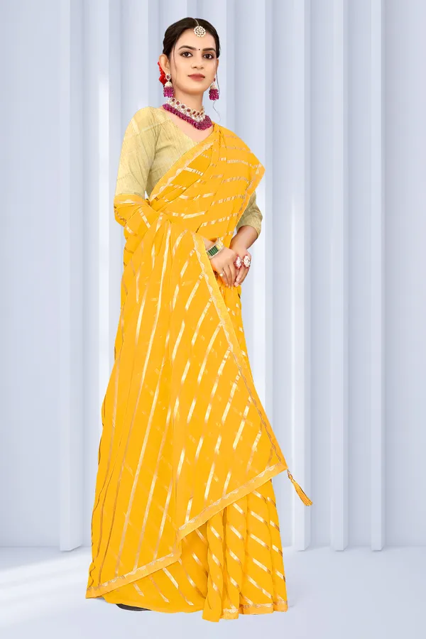Georgette_Saree_Leheriya_Pattern_Foil_Work_With_Golden_Blouse_Piece