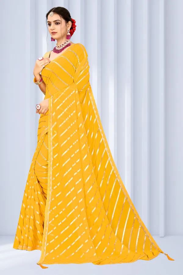 Georgette_Saree_Leheriya_Pattern_Foil_Work_With_Golden_Blouse_Piece