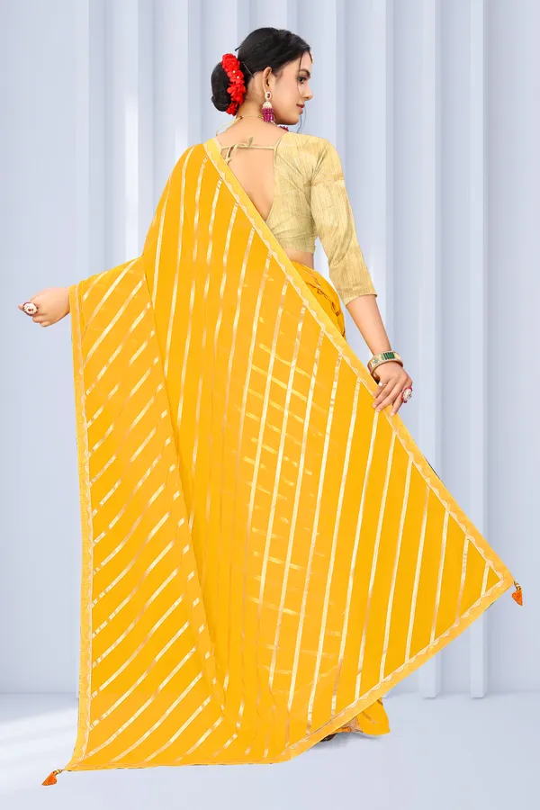 Georgette_Saree_Leheriya_Pattern_Foil_Work_With_Golden_Blouse_Piece