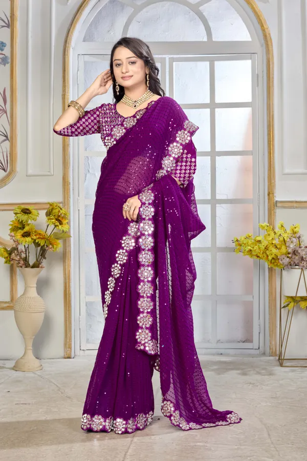 Georgette_Saree_With_Heavy_Mirror_Work_And_Sequence_With_Matching_Blouse_Piece
