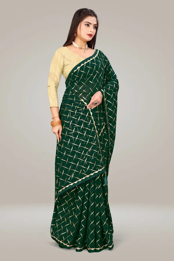 Georgette_Saree_Cross_Pattern_Foil_Work_With_Golden_Blouse_Piece