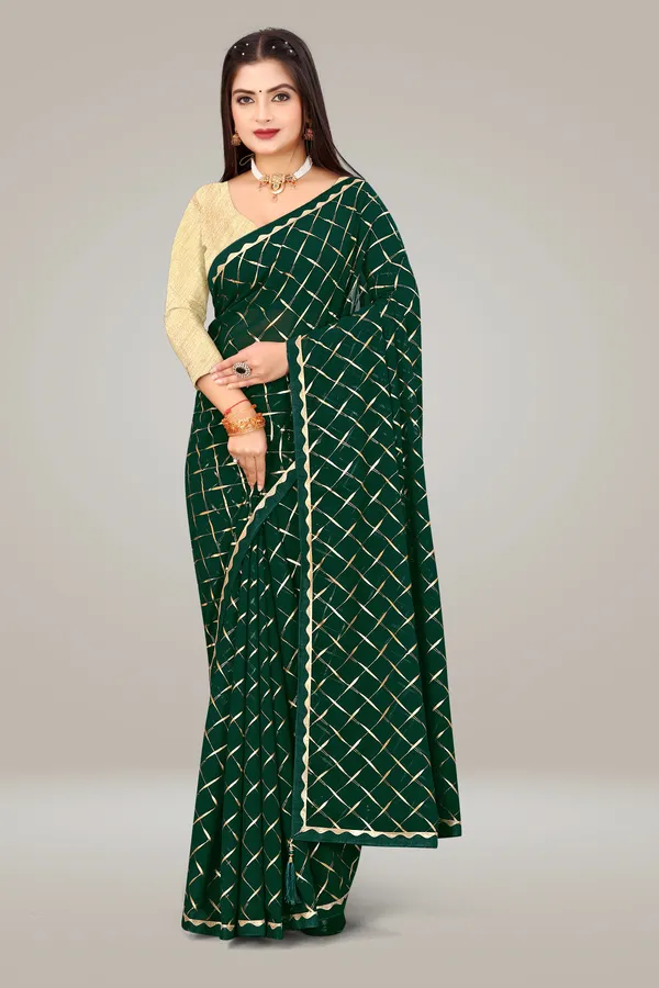 Georgette_Saree_Cross_Pattern_Foil_Work_With_Golden_Blouse_Piece