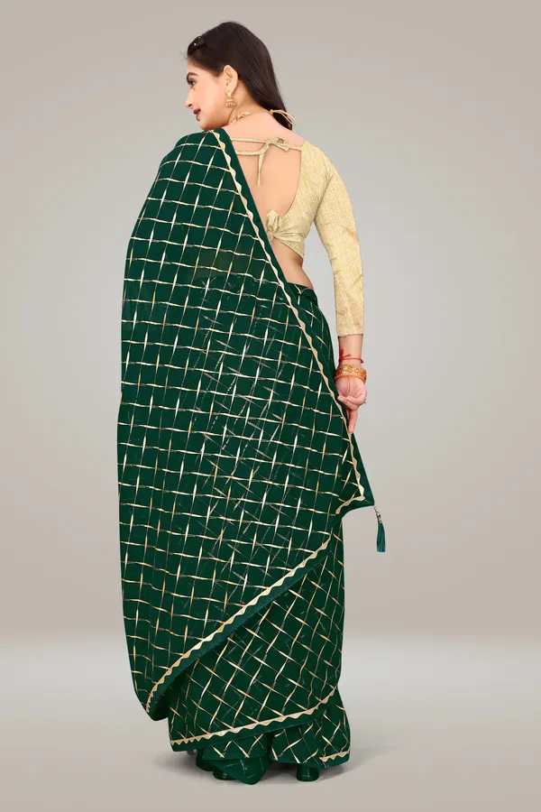 Georgette_Saree_Cross_Pattern_Foil_Work_With_Golden_Blouse_Piece