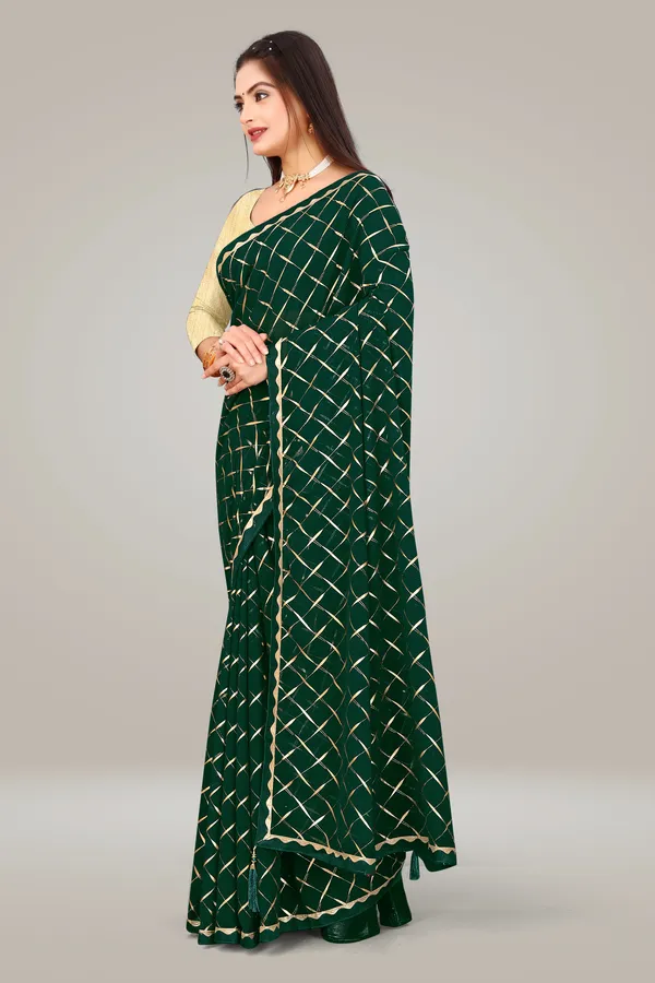 Georgette_Saree_Cross_Pattern_Foil_Work_With_Golden_Blouse_Piece