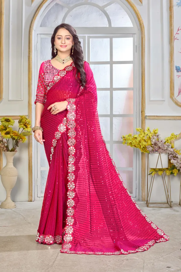 Georgette_Saree_With_Heavy_Mirror_Work_And_Sequence_With_Matching_Blouse_Piece
