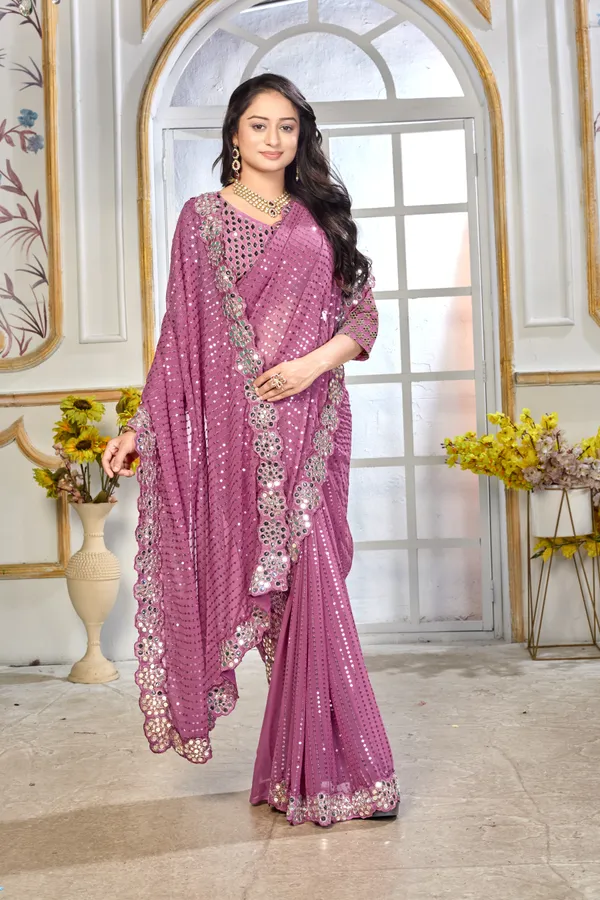 Georgette_Saree_With_Heavy_Mirror_Work_And_Sequence_With_Matching_Blouse_Piece