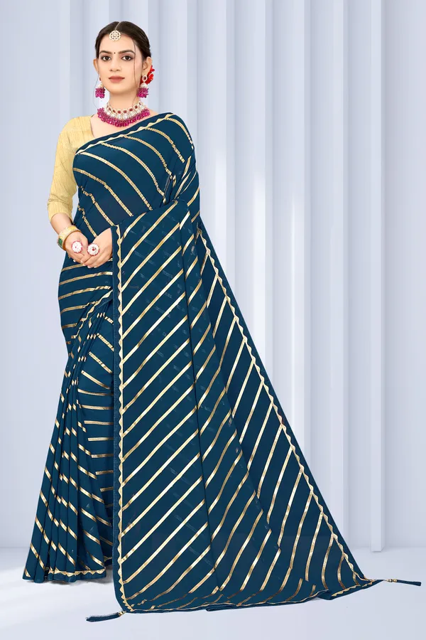 Georgette_Saree_Leheriya_Pattern_Foil_Work_With_Golden_Blouse_Piece