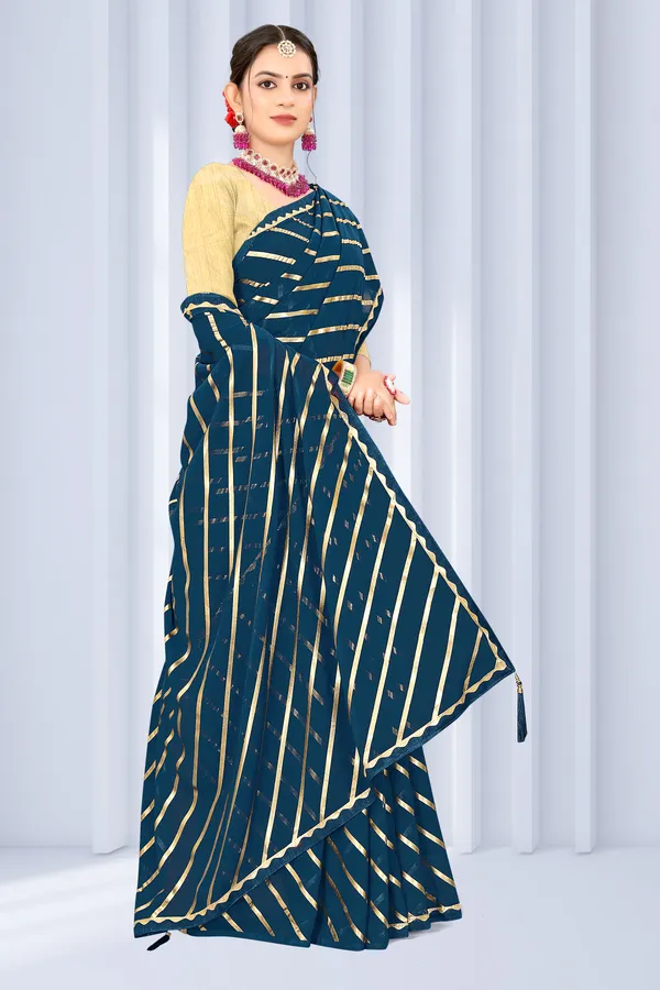 Georgette_Saree_Leheriya_Pattern_Foil_Work_With_Golden_Blouse_Piece