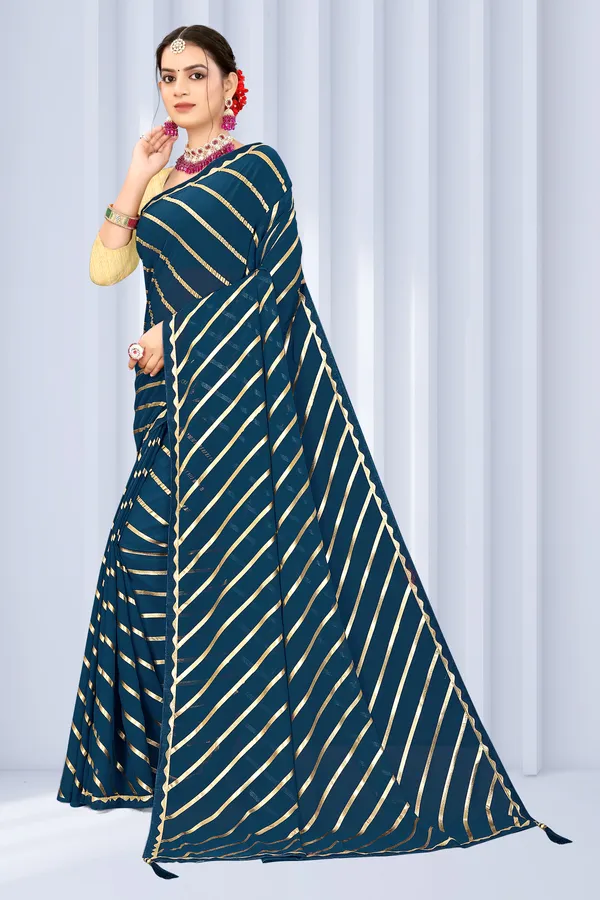 Georgette_Saree_Leheriya_Pattern_Foil_Work_With_Golden_Blouse_Piece