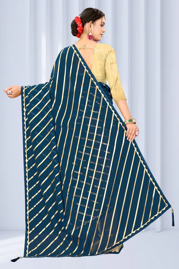 Georgette_Saree_Leheriya_Pattern_Foil_Work_With_Golden_Blouse_Piece