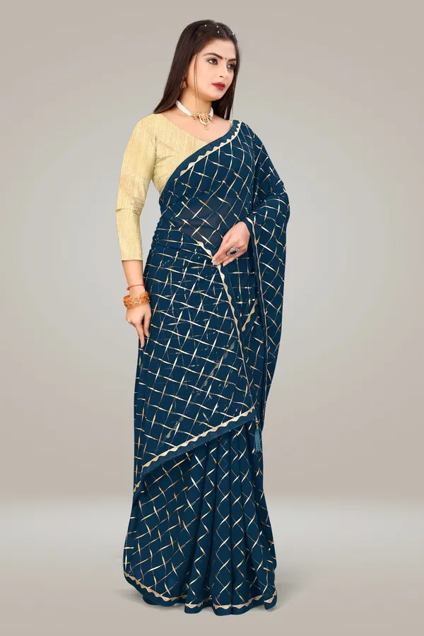 Georgette_Saree_Cross_Pattern_Foil_Work_With_Golden_Blouse_Piece