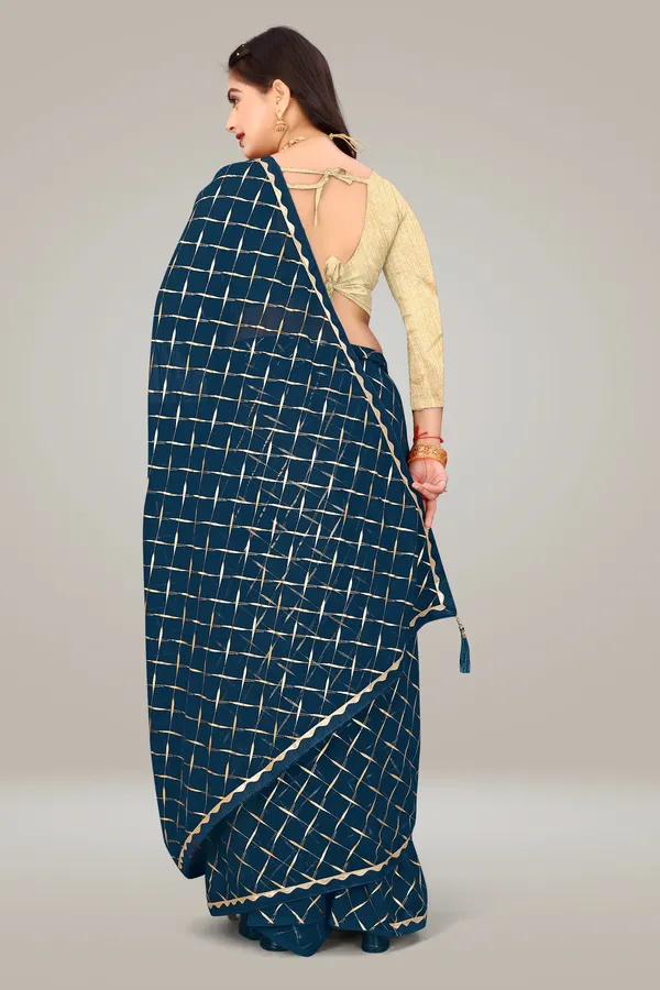 Georgette_Saree_Cross_Pattern_Foil_Work_With_Golden_Blouse_Piece