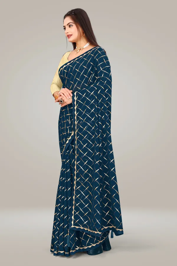 Georgette_Saree_Cross_Pattern_Foil_Work_With_Golden_Blouse_Piece