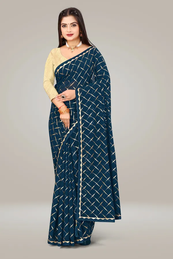 Georgette_Saree_Cross_Pattern_Foil_Work_With_Golden_Blouse_Piece