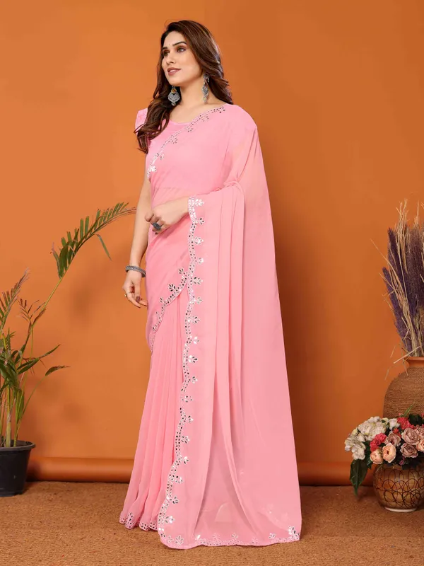 Women's_Georgette_Plain_Mirror_Work_Party_Wear_Sarees_With_Blouse_Piece